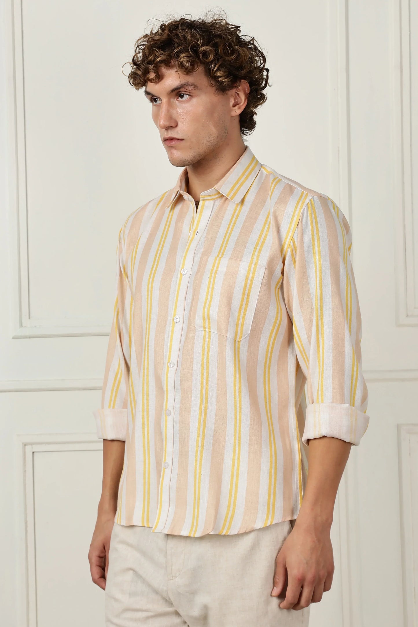 Yellow stripe printed full sleeve linen shirt