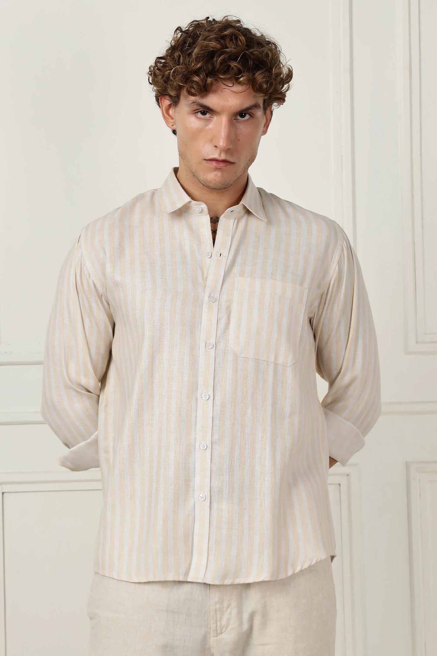Yellow stripe printed full sleeve linen shirt