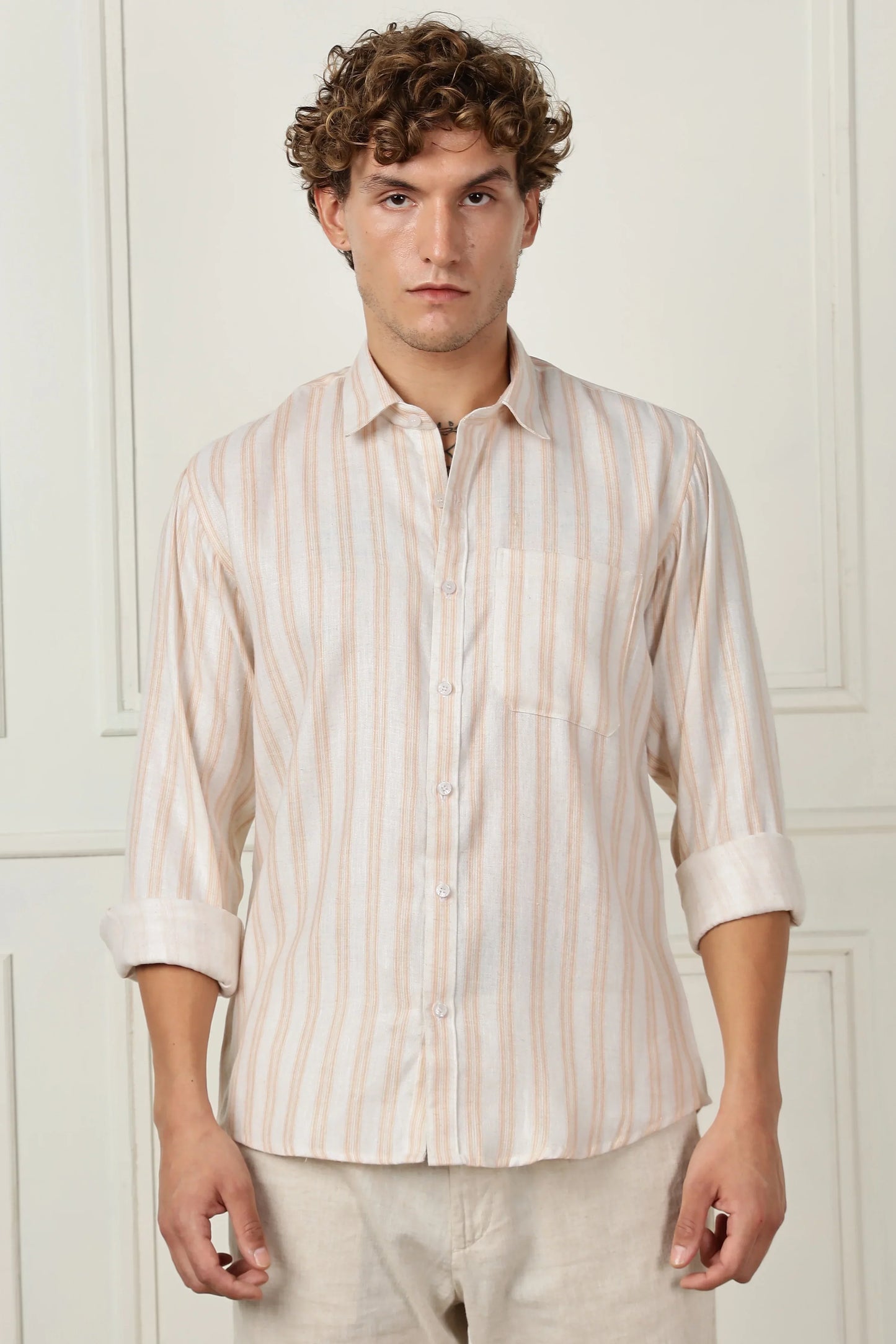 Orange stripe printed full sleeve linen shirt