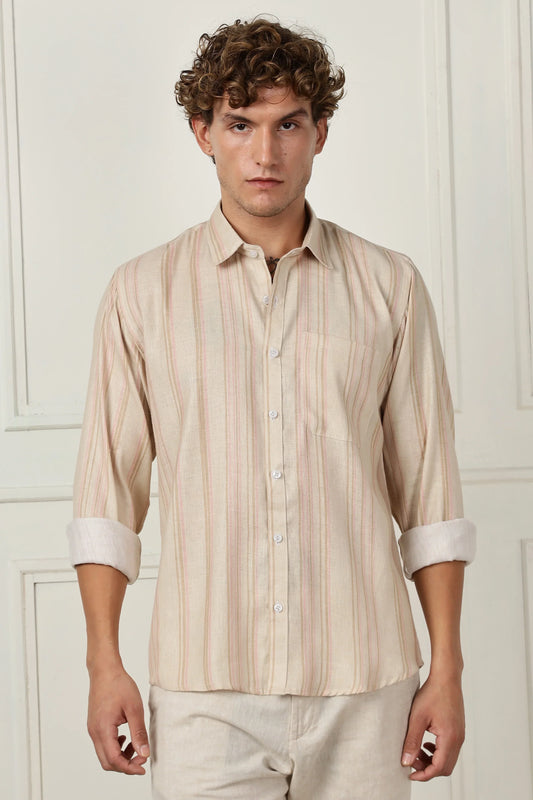 Beige stripe printed full sleeve linen shirt