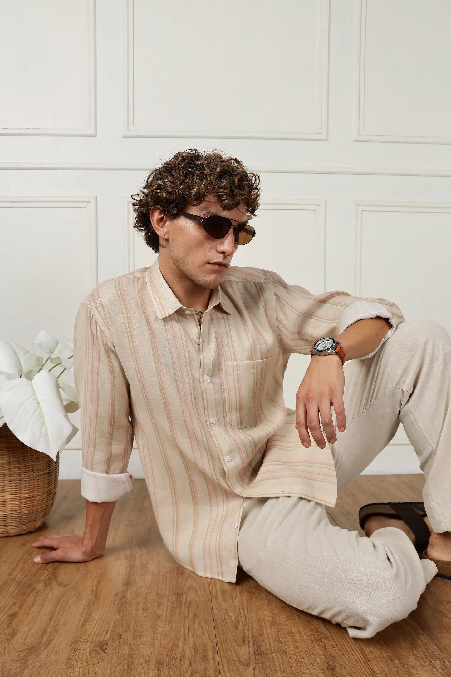 Beige stripe printed full sleeve linen shirt