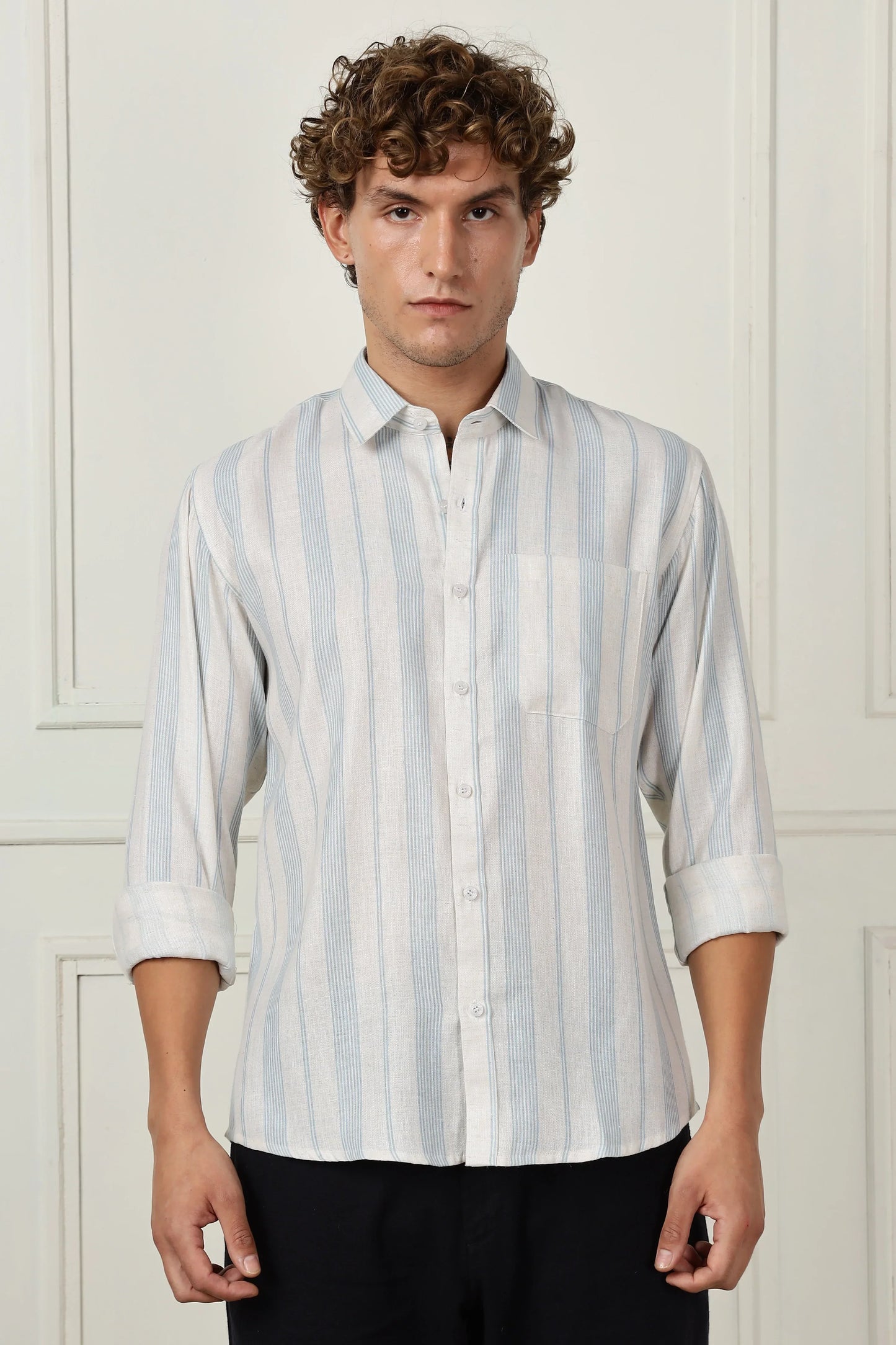 Skyblue stripe printed full sleeve linen shirt