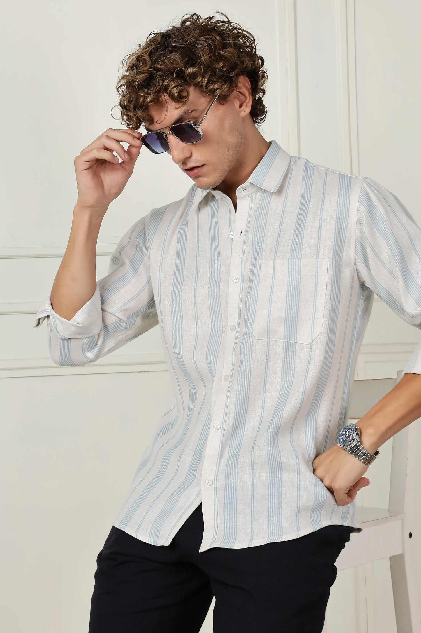 Skyblue stripe printed full sleeve linen shirt