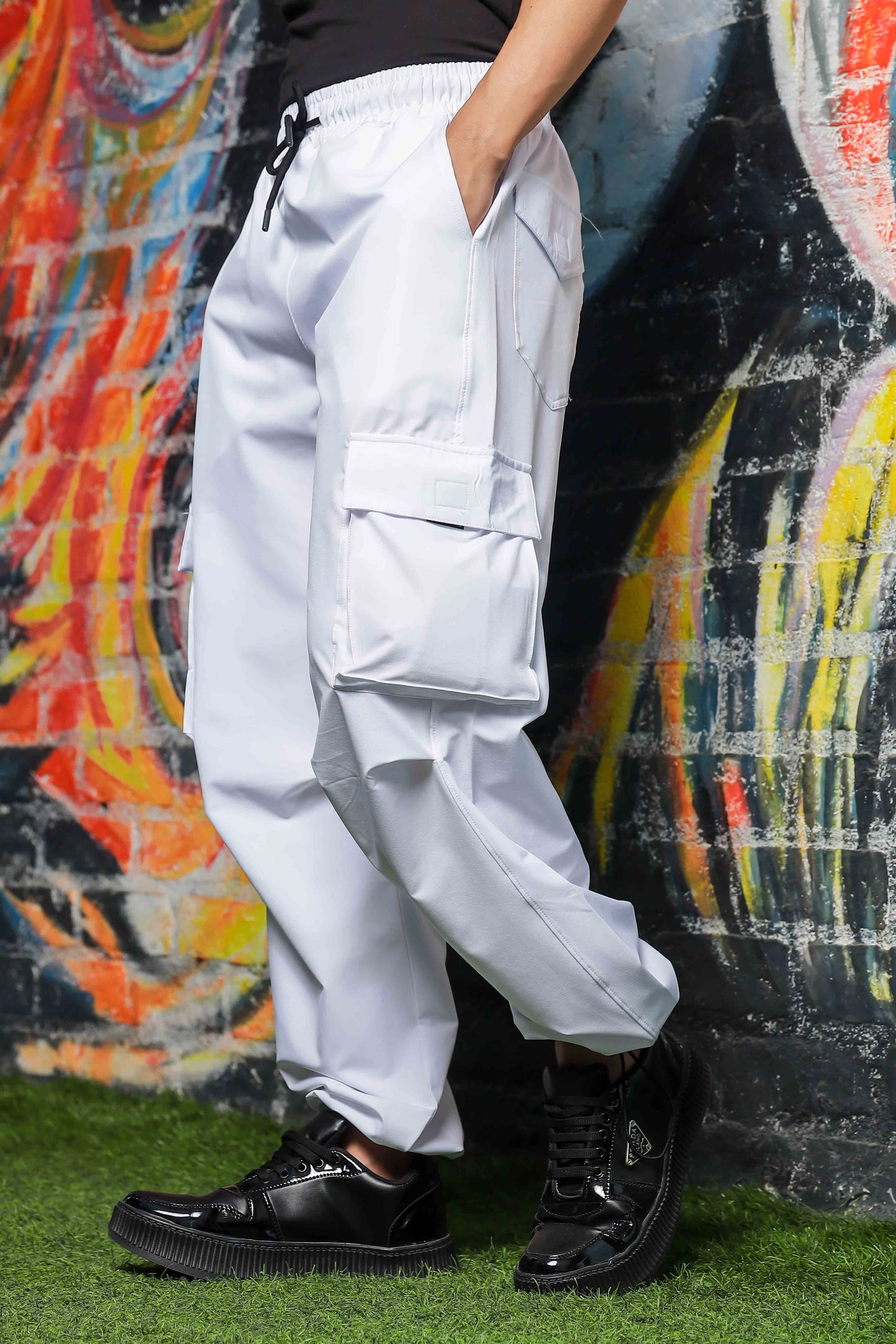 Unisex Baggy Fit White Parachute Cargo Trousers