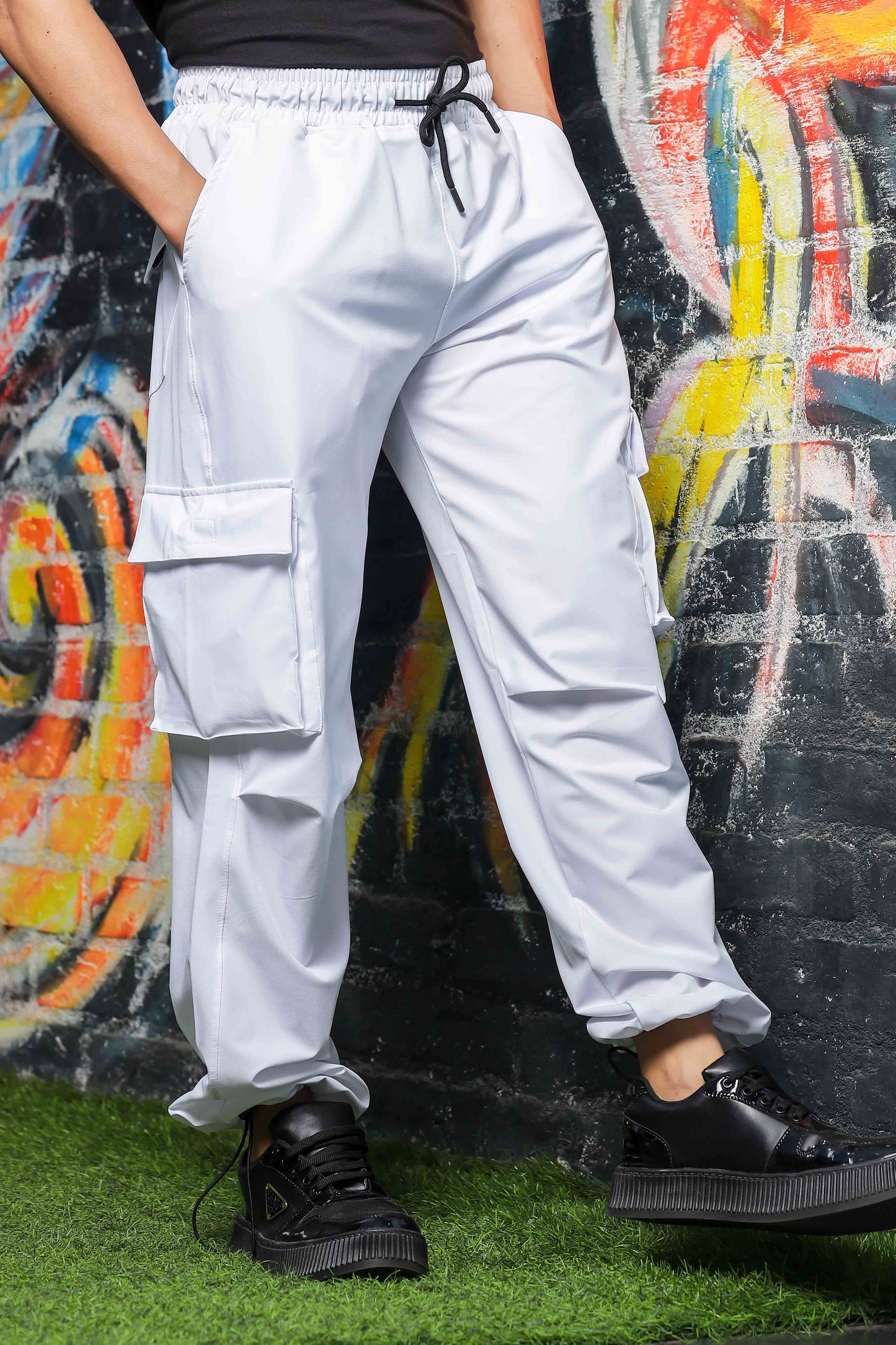 Unisex Baggy Fit White Parachute Cargo Trousers
