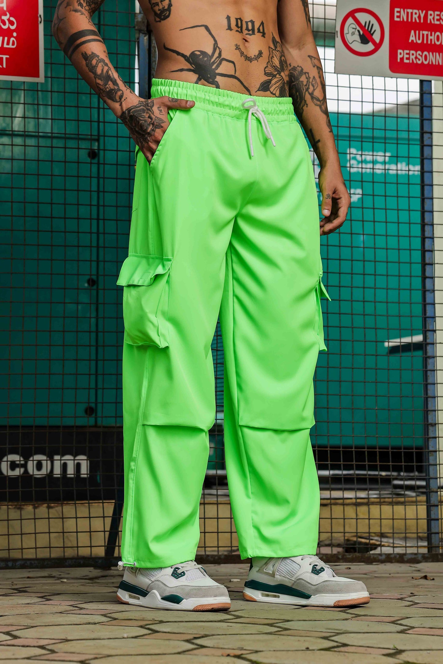 Unisex Baggy Fit  Neon Green Parachute Cargo Trousers