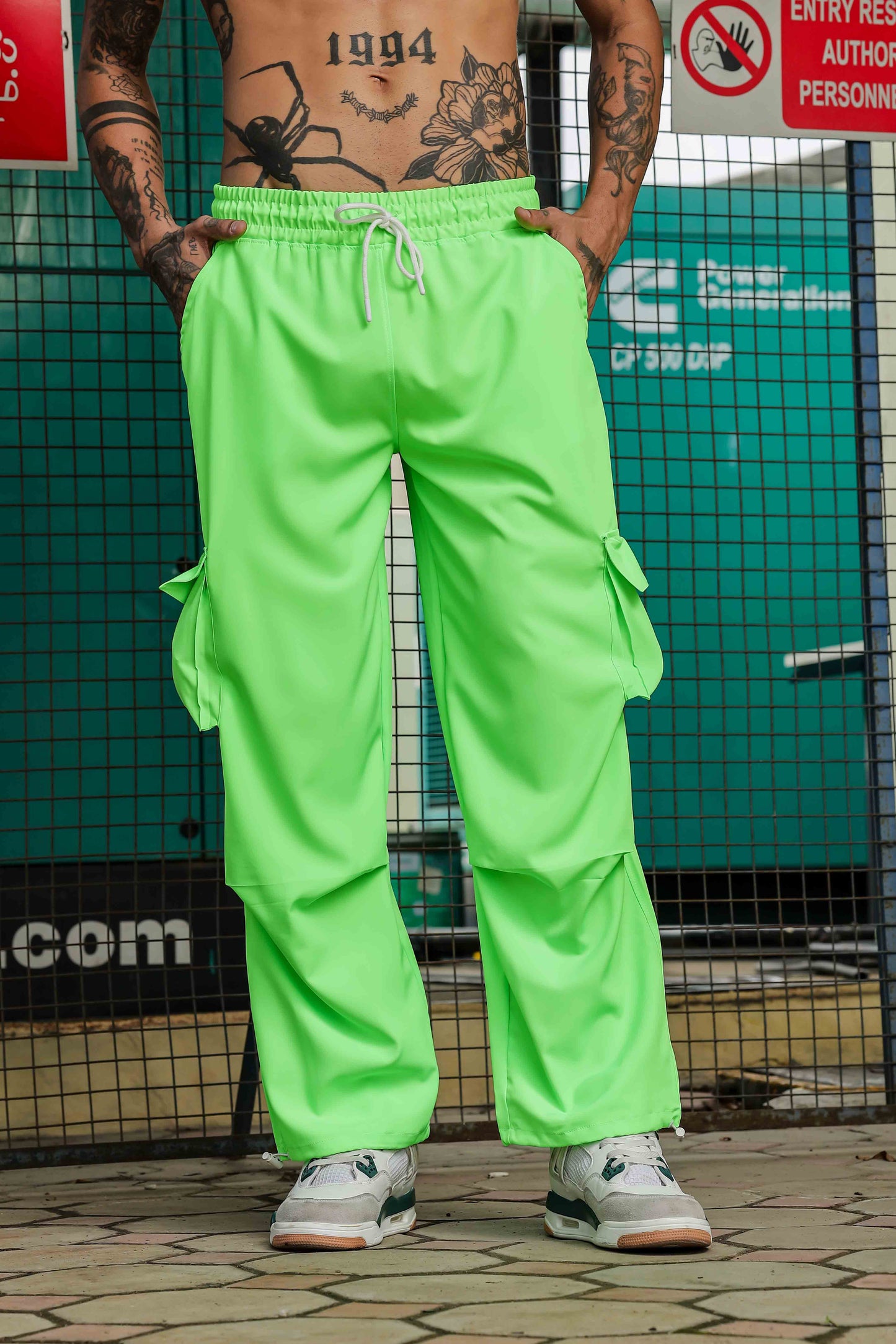 Unisex Baggy Fit  Neon Green Parachute Cargo Trousers