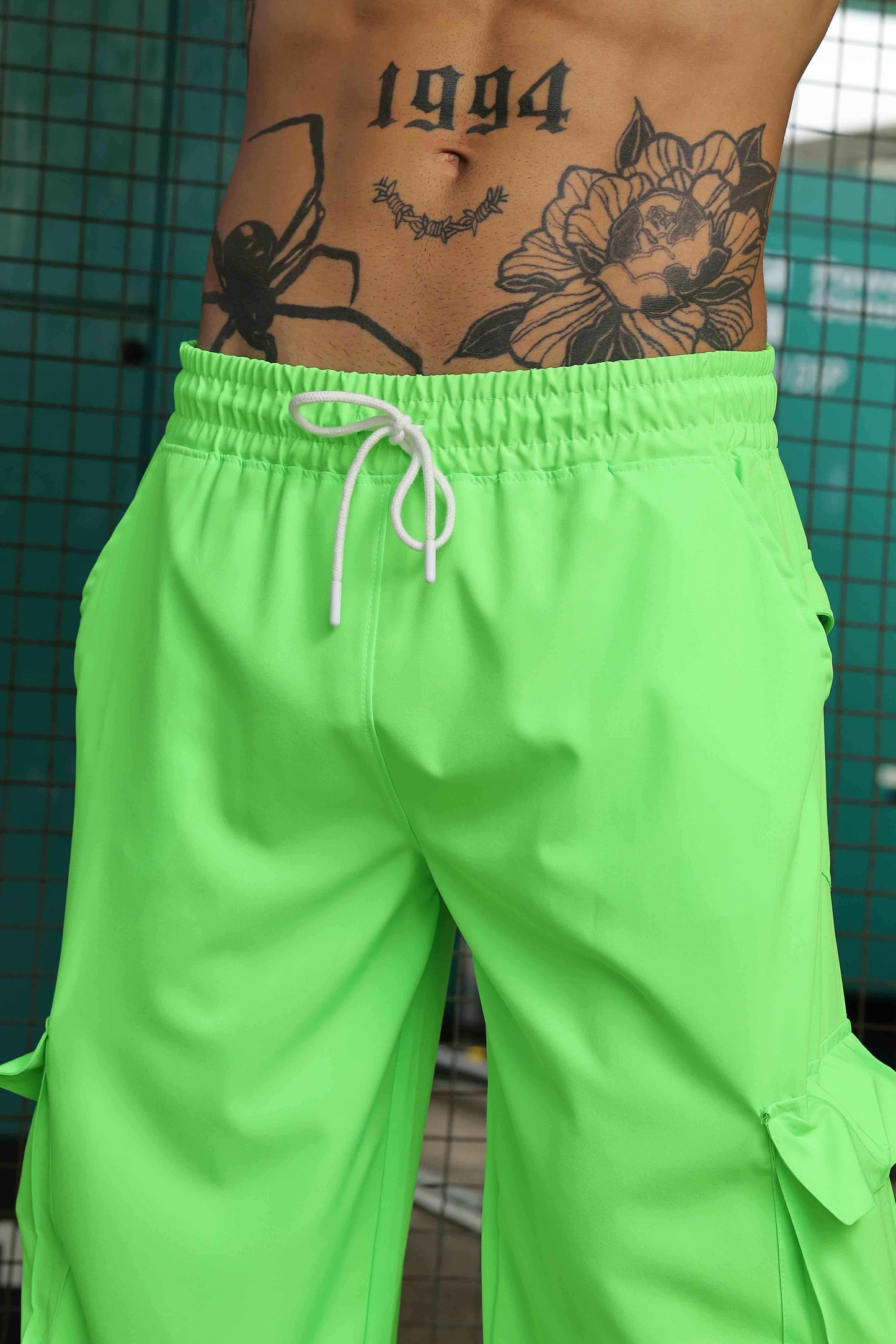 Unisex Baggy Fit  Neon Green Parachute Cargo Trousers