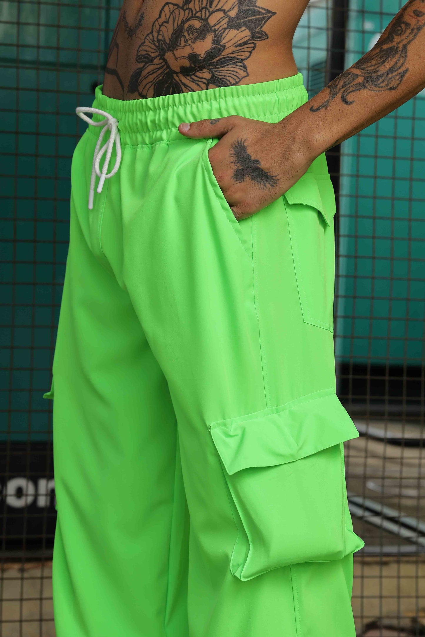 Unisex Baggy Fit  Neon Green Parachute Cargo Trousers