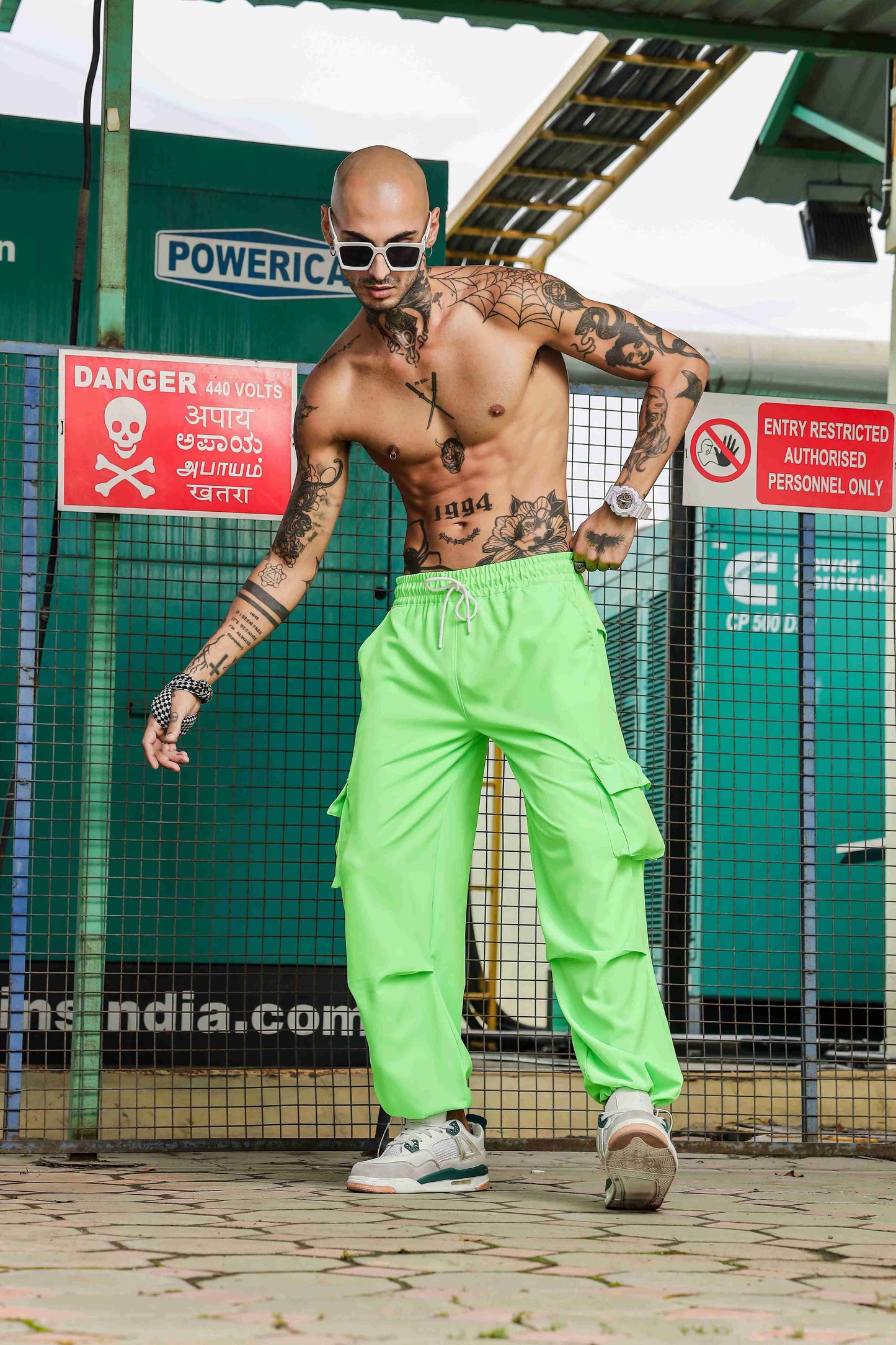 Unisex Baggy Fit  Neon Green Parachute Cargo Trousers