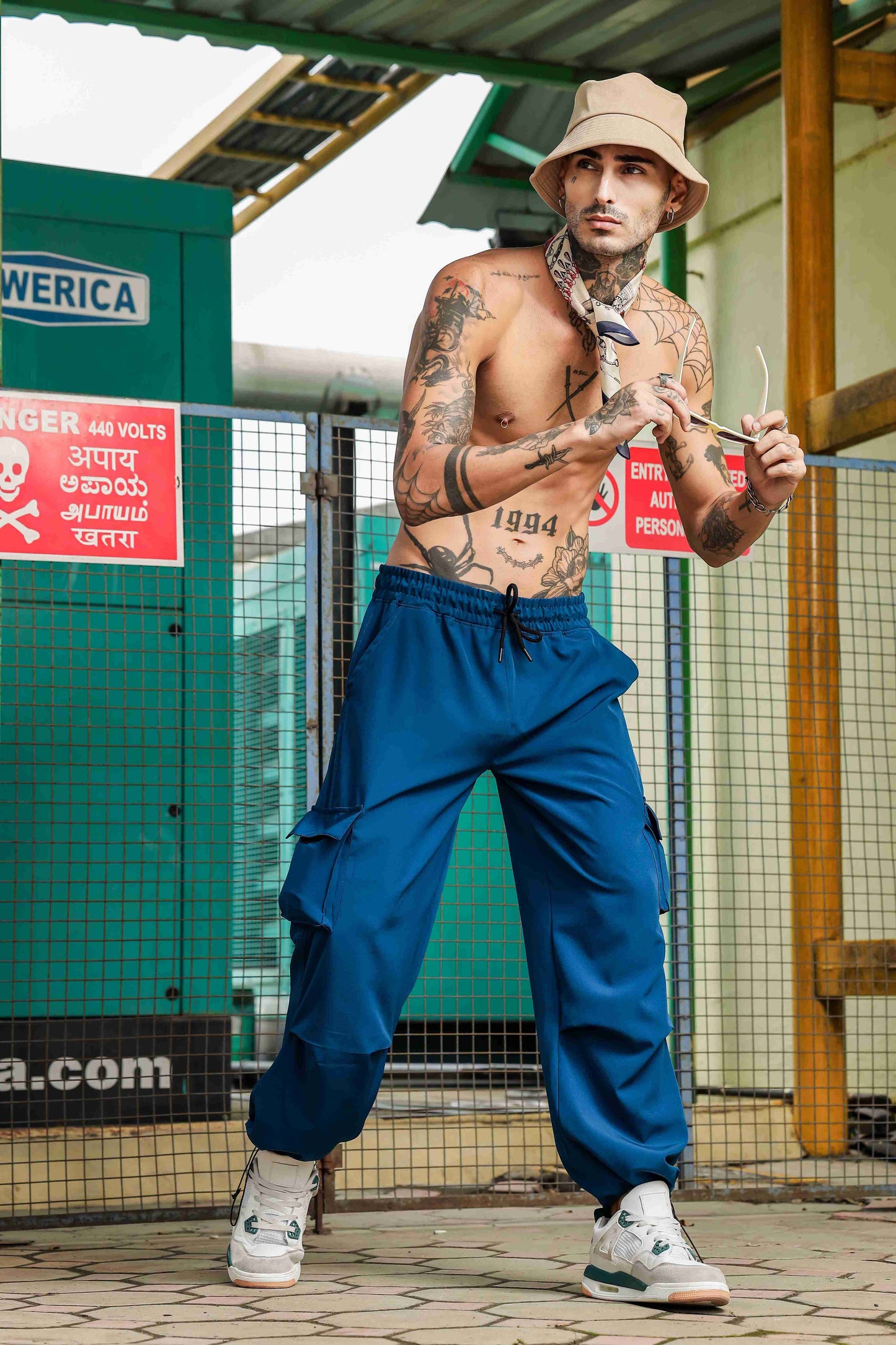 Unisex Baggy Fit  Blue Parachute Cargo Trousers