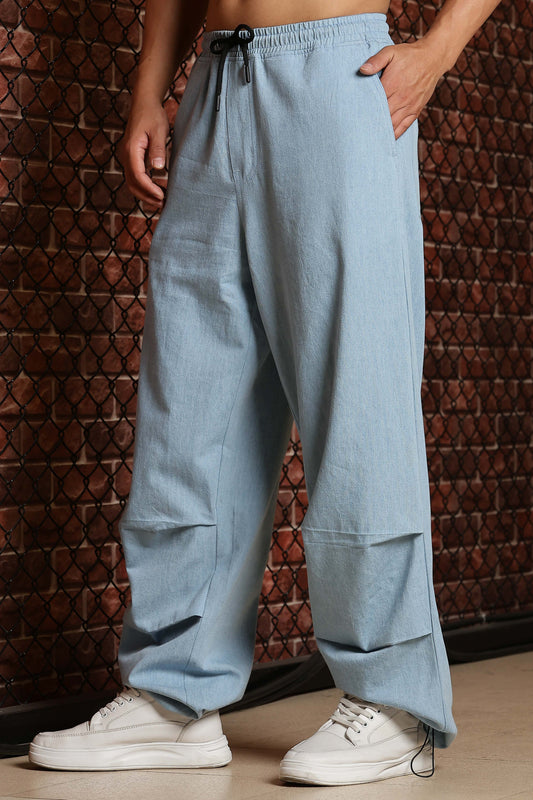 Unisex Light Blue Relaxed Fit Drawstring Denim Parachute Cargo