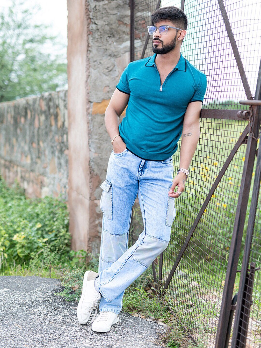 Blue Polo Collar Cotton T-Shirt for Men