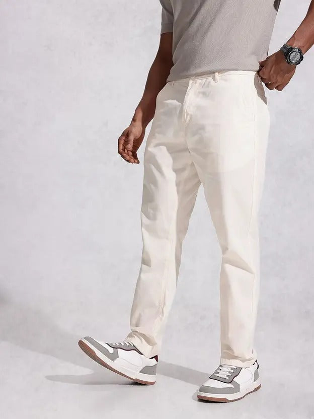 Men's Relaxed Fit White Pure Cotton Trousers | Breathable & Timeless