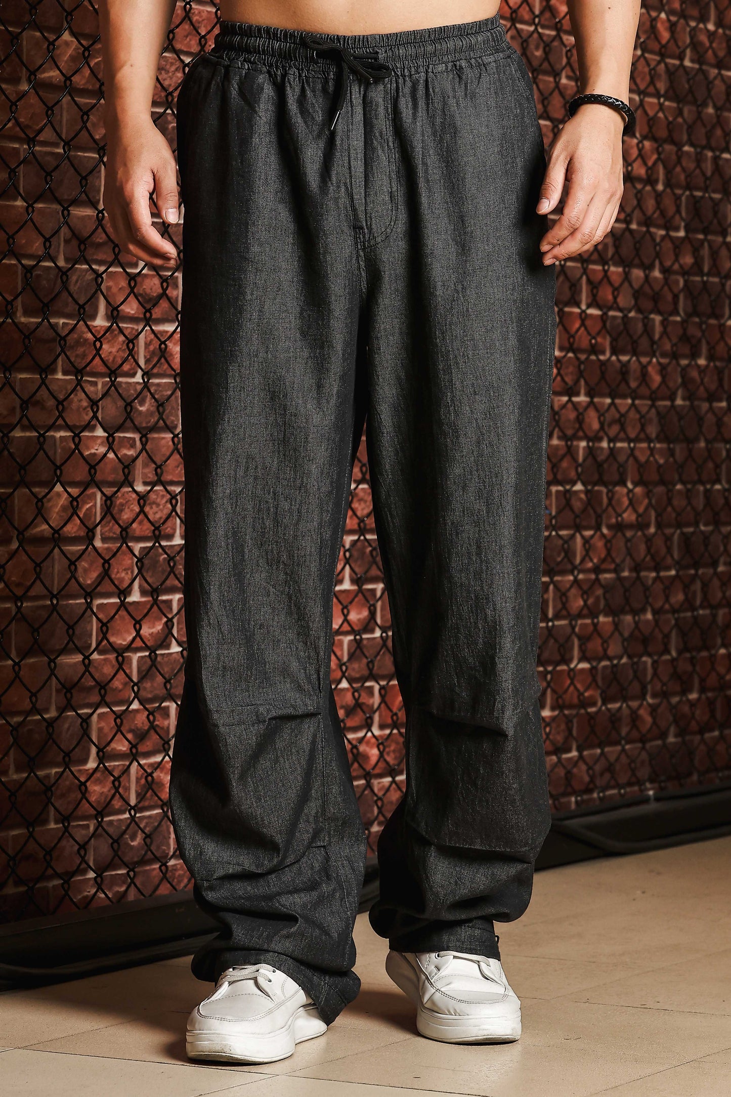 Unisex Charcoal Black Relaxed Fit Drawstring Denim Parachute Cargo