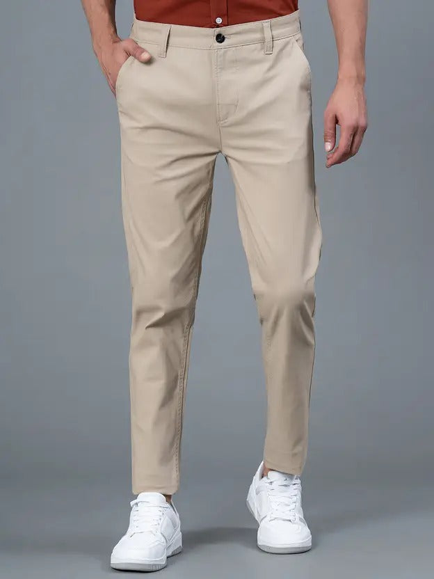 Men’s Skinny Fit Beige Cotton Blend Trousers | Sleek Look, Everyday Comfort