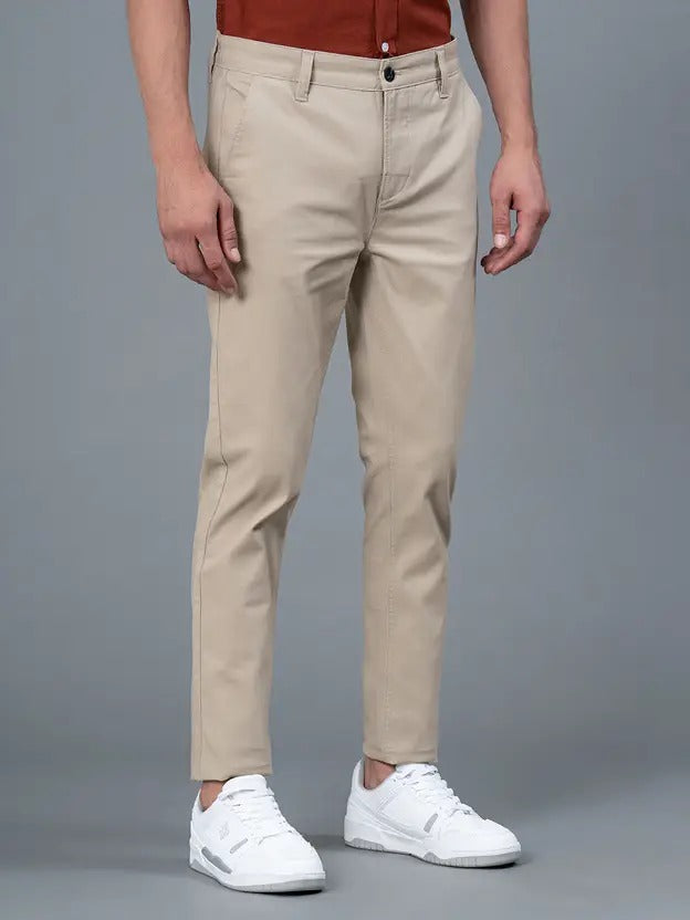 Men’s Skinny Fit Beige Cotton Blend Trousers | Sleek Look, Everyday Comfort