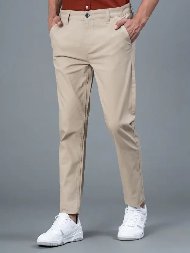 Men’s Skinny Fit Beige Cotton Blend Trousers | Sleek Look, Everyday Comfort