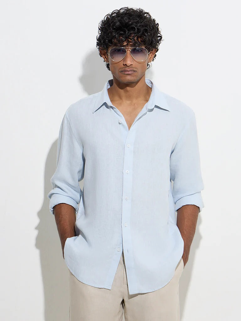 Ascot Light Blue Solid Relaxed-Fit Linen Shirt for Men