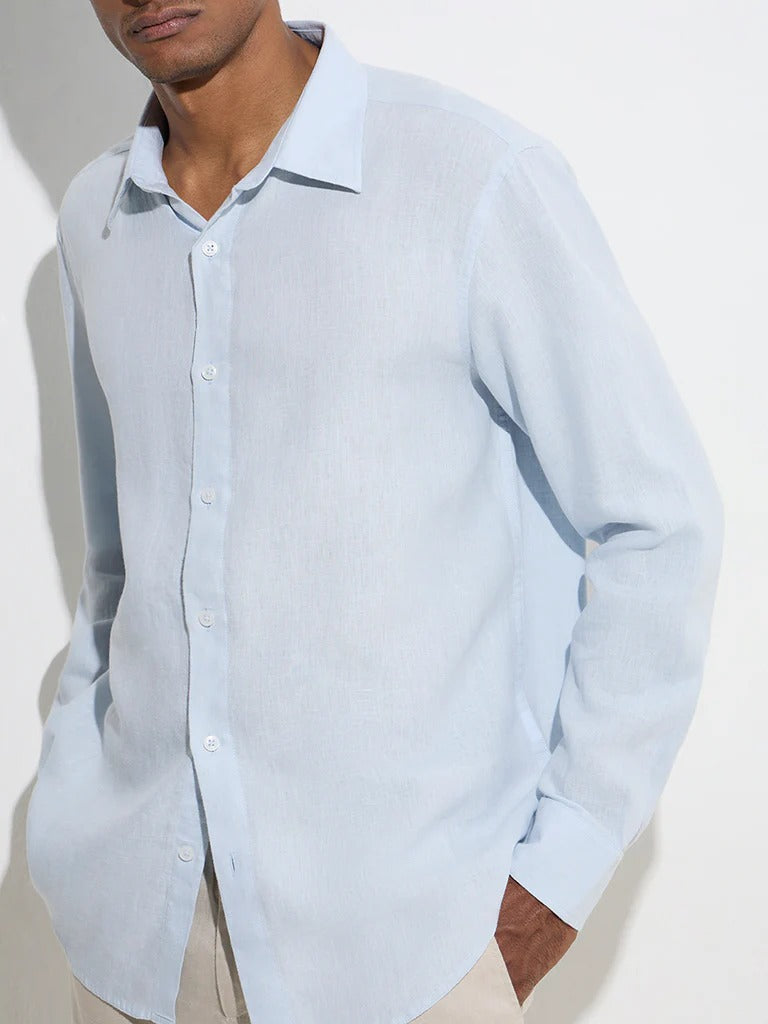 Ascot Light Blue Solid Relaxed-Fit Linen Shirt for Men