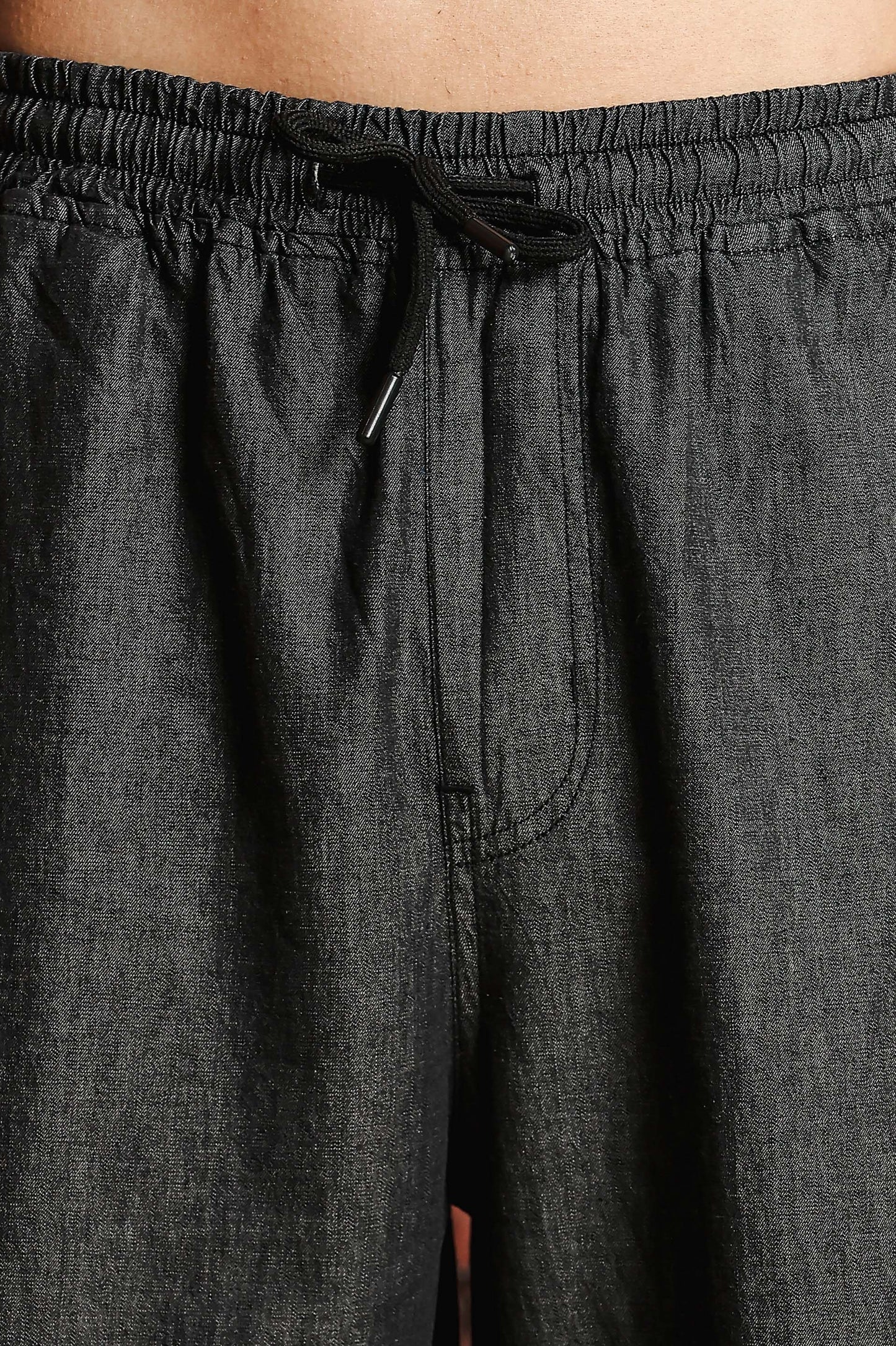 Unisex Charcoal Black Relaxed Fit Drawstring Denim Parachute Cargo