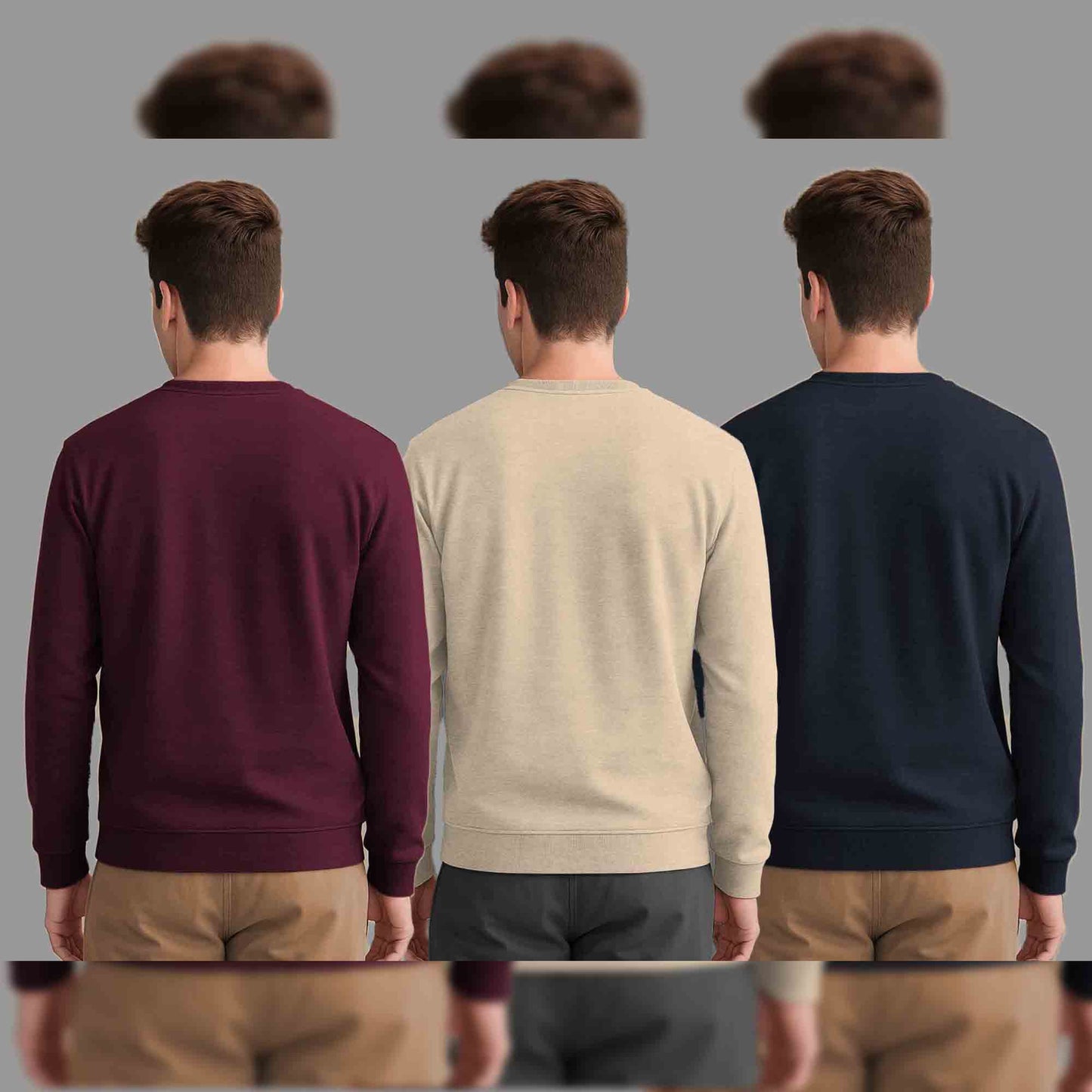 (Pack Of 3) Mens Round Neck Plain Sweatshirts Multicolor
