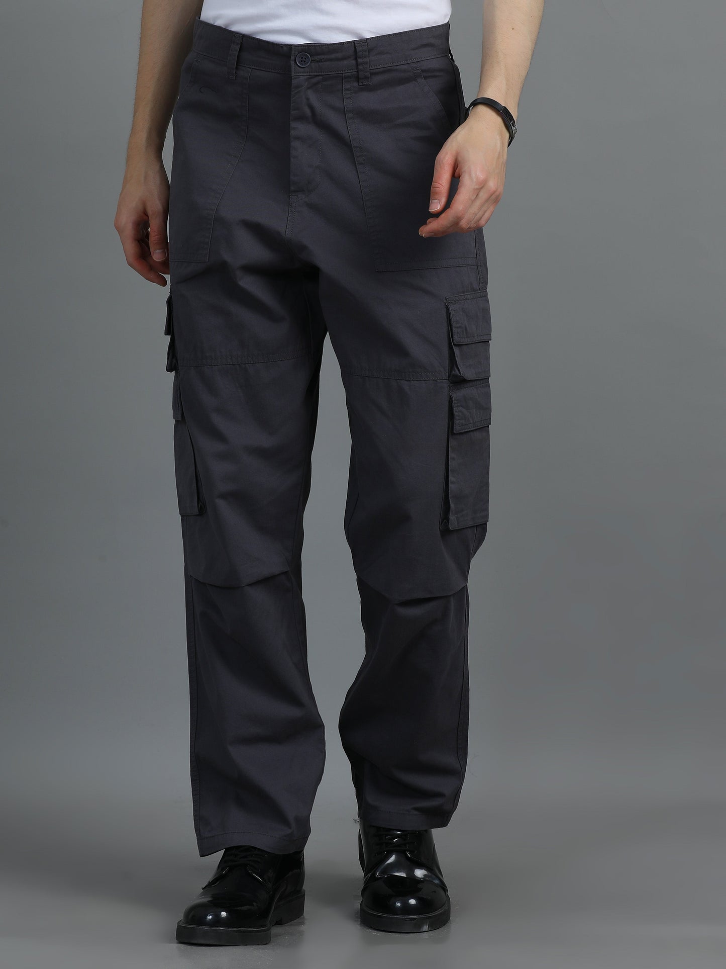 Pack of 2 Cotton Relaxed Fit Cargo Trousers, Charcoal Grey Brown