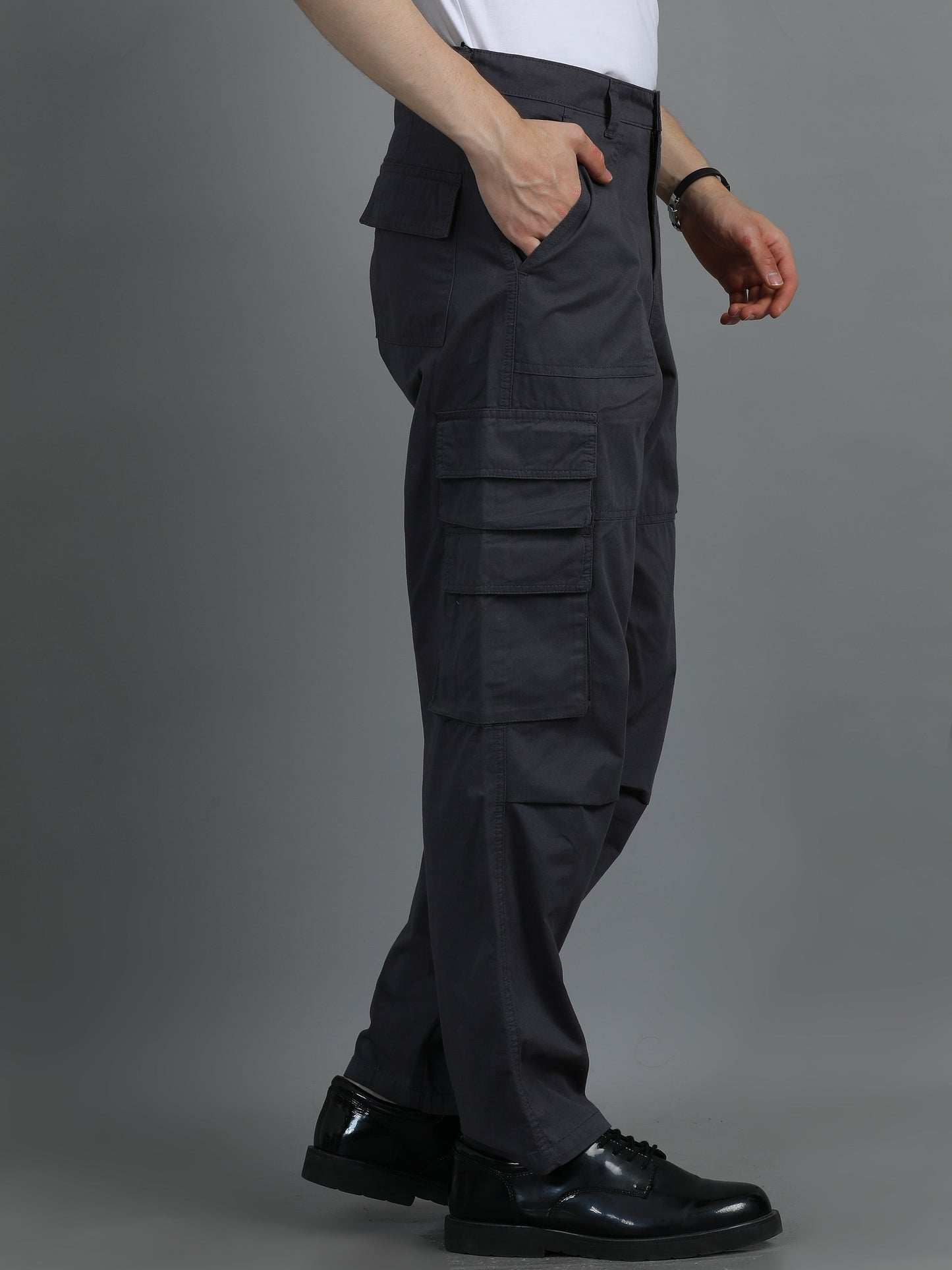 Pack of 2 Cotton Relaxed Fit Cargo Trousers, Charcoal Grey Brown