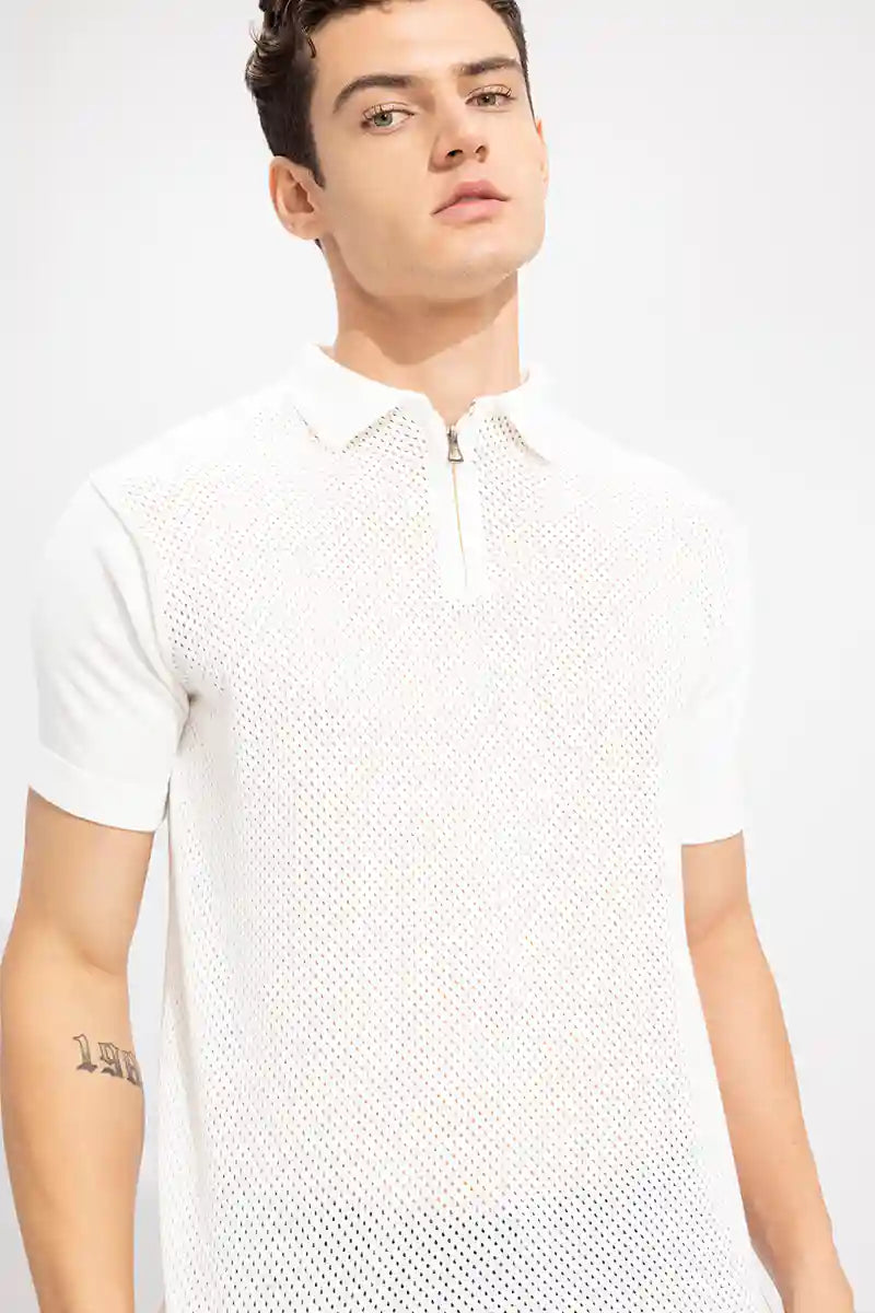 Mesh Knit White Polo T-Shirt