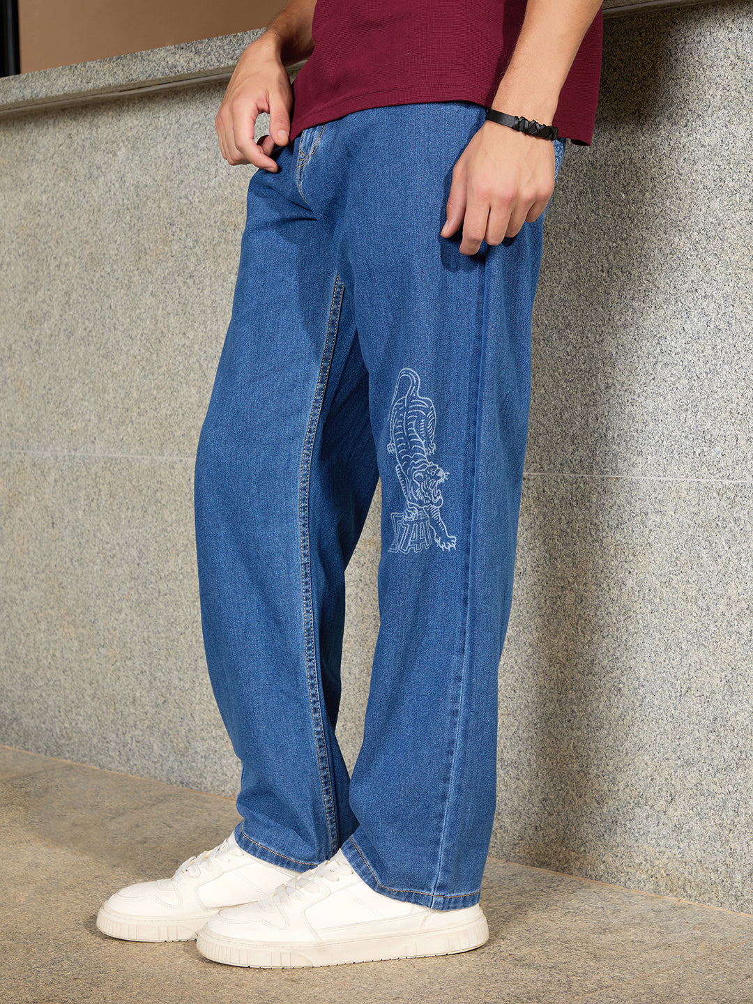 Laser Print Loose Fit Jeans | Blue