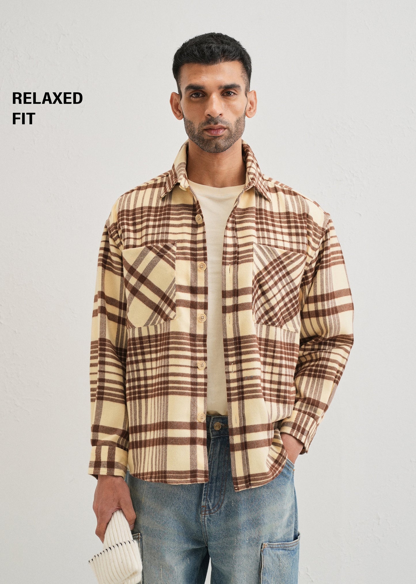 Beige Checked Relaxed Fit Shacket