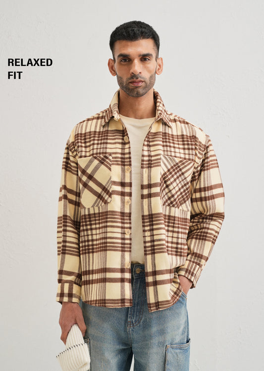 Beige Checked Relaxed Fit Shacket