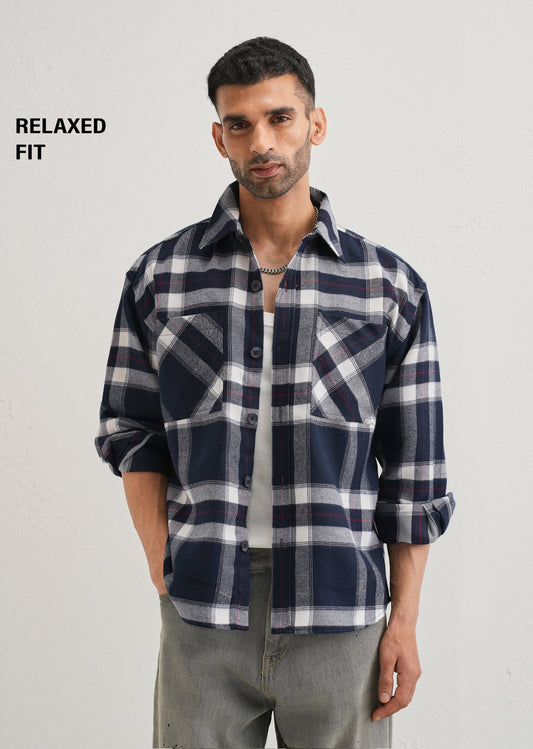 Dark Blue Checked Relaxed Fit Shacket