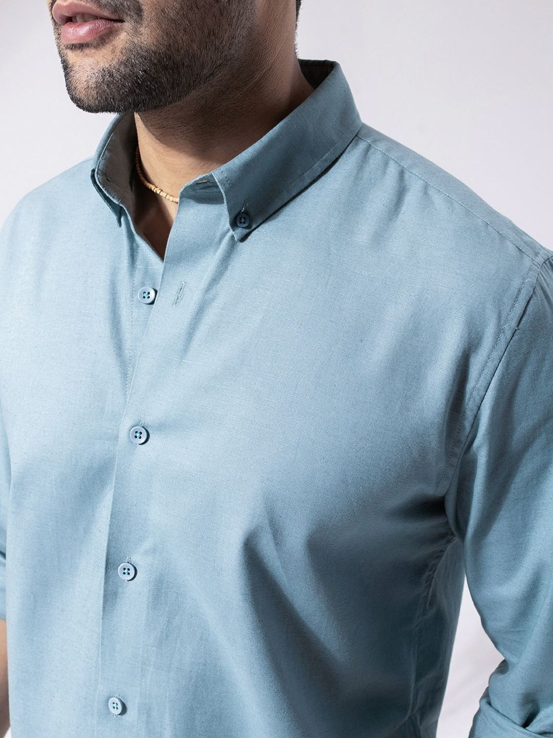 Perch Men Sky Blue Linen Cotton Button Down Solid Shirt