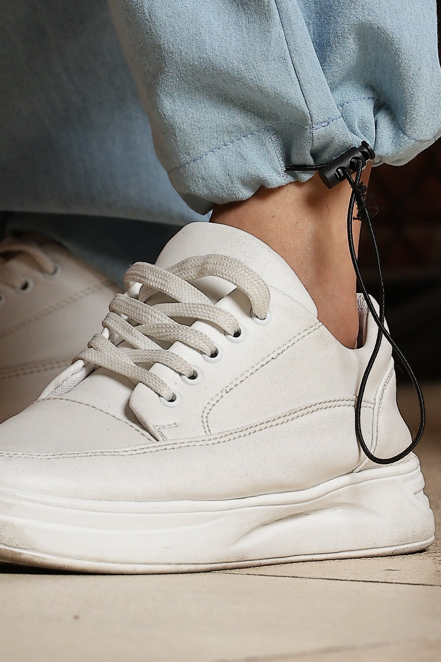 Unisex Light Blue Relaxed Fit Drawstring Denim Parachute Cargo