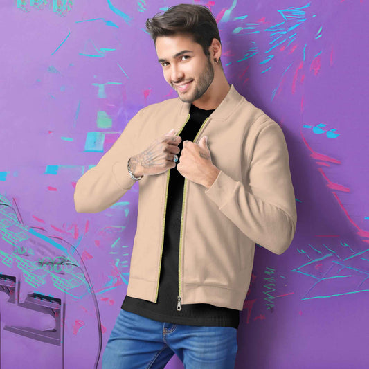Round Neck Classic Beige Zipper Jacket for Men