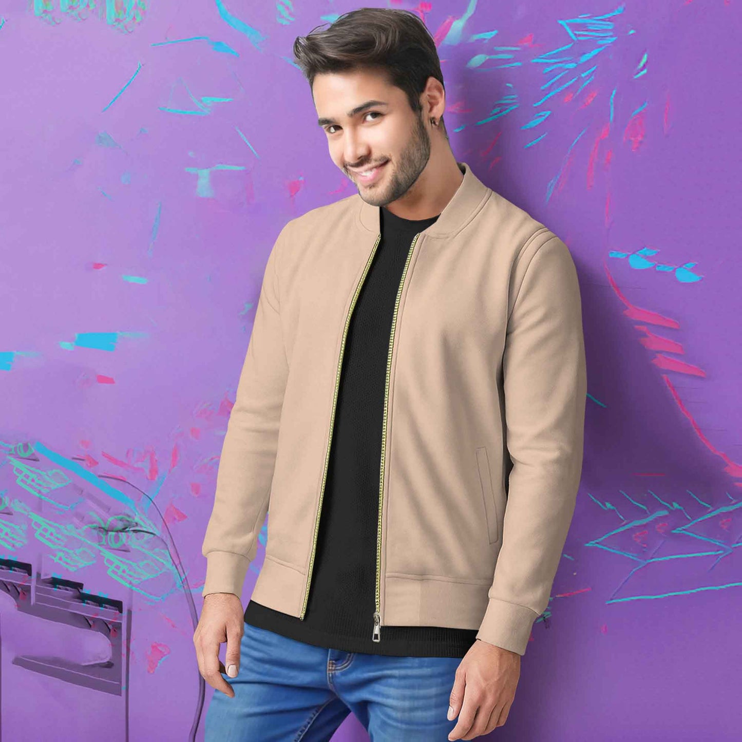 Round Neck Classic Beige Zipper Jacket for Men