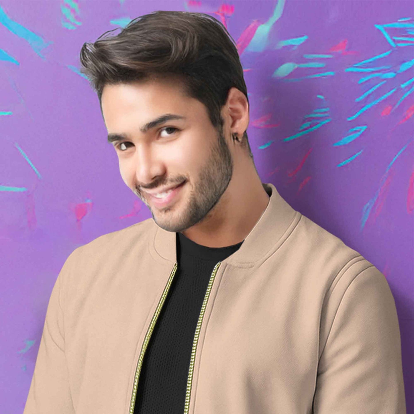 Round Neck Classic Beige Zipper Jacket for Men