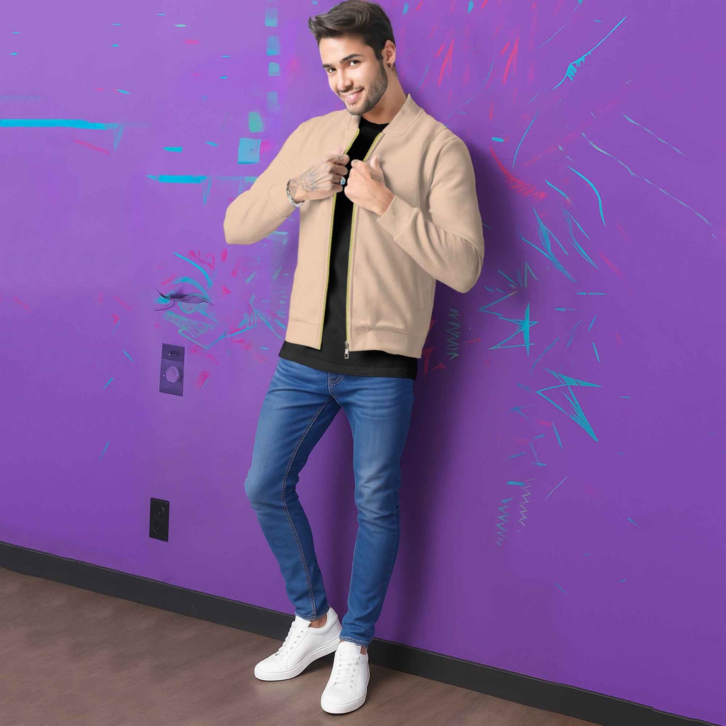 Round Neck Classic Beige Zipper Jacket for Men