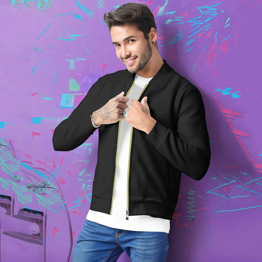 Round Neck Classic Black Zipper Jacket for Men