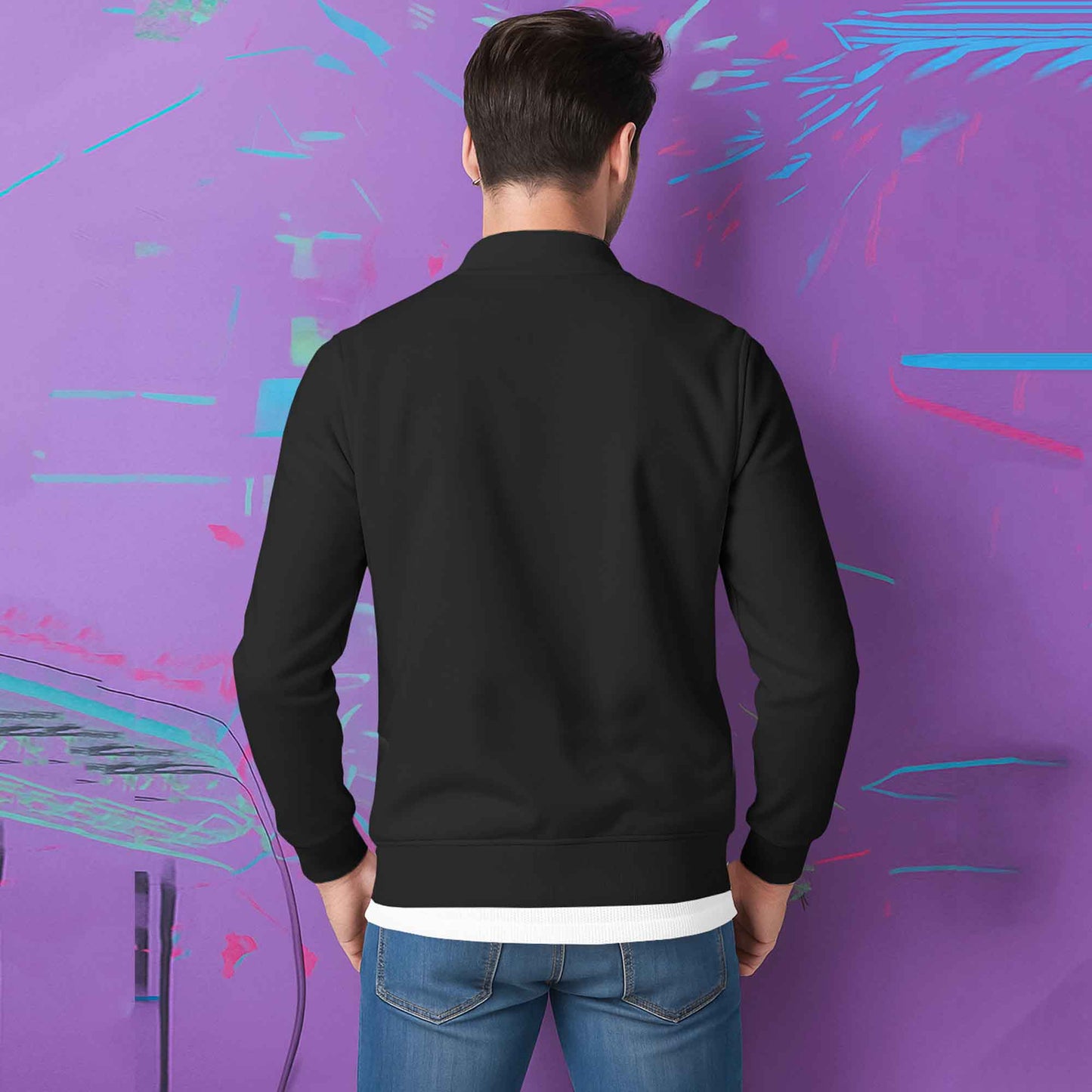 Round Neck Classic Black Zipper Jacket for Men
