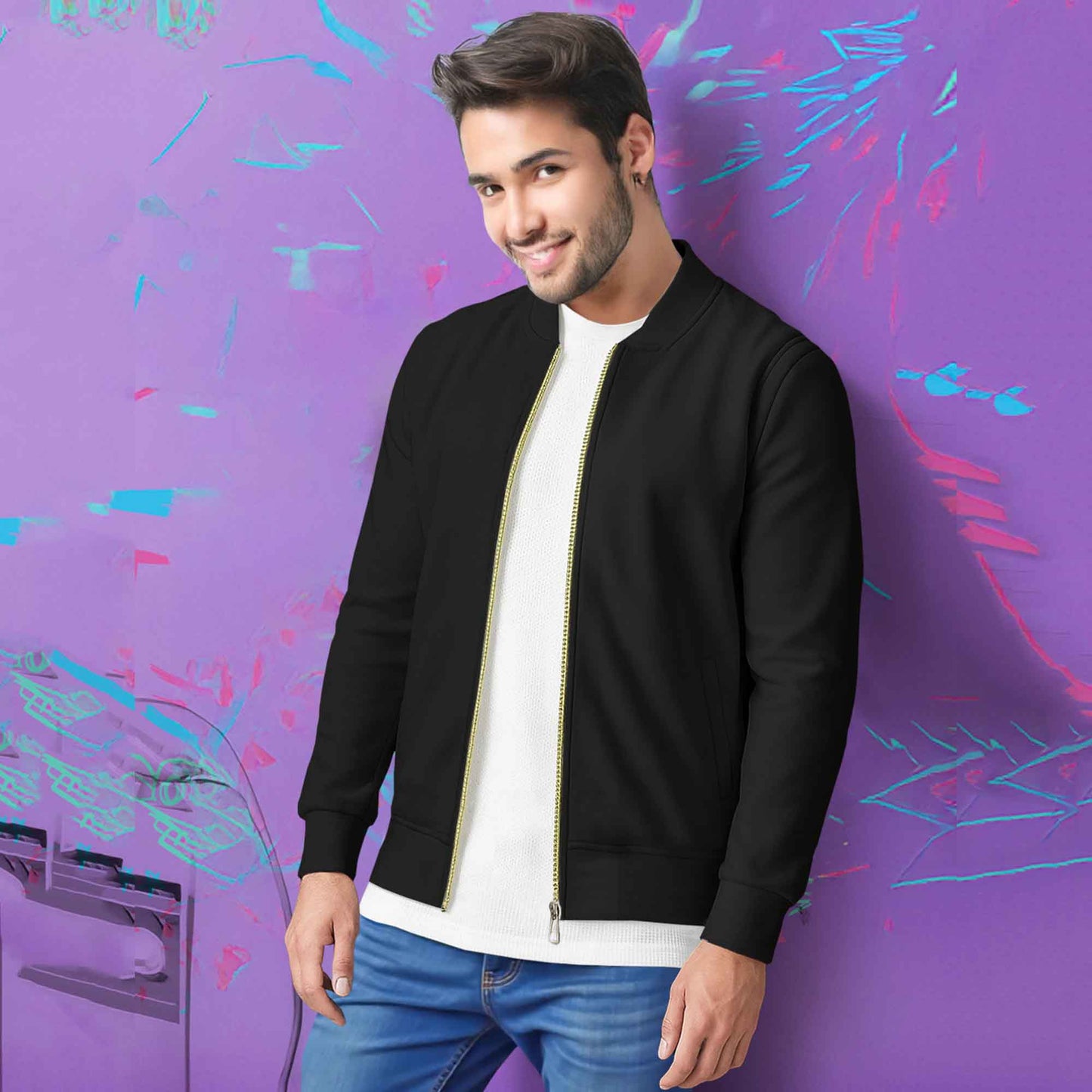 Round Neck Classic Black Zipper Jacket for Men