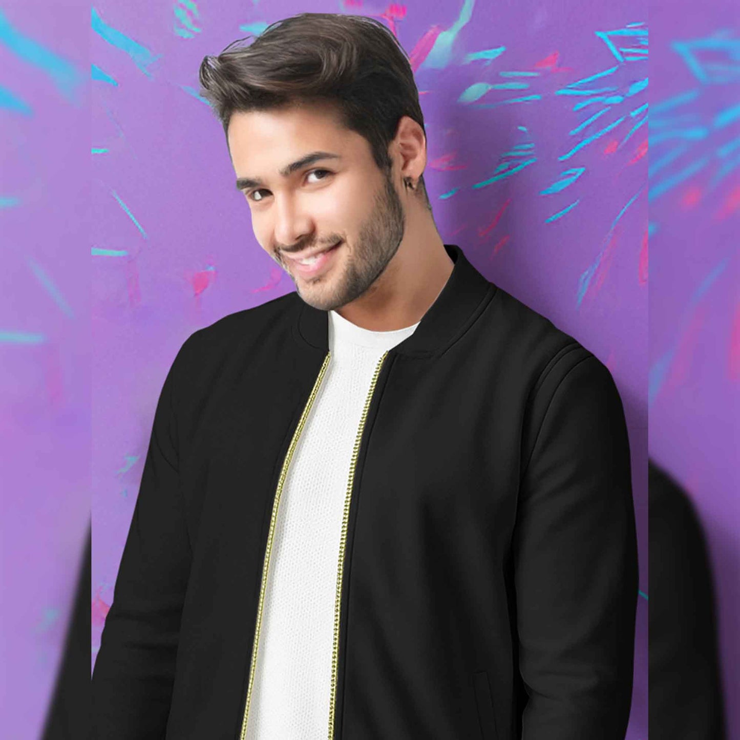 Round Neck Classic Black Zipper Jacket for Men