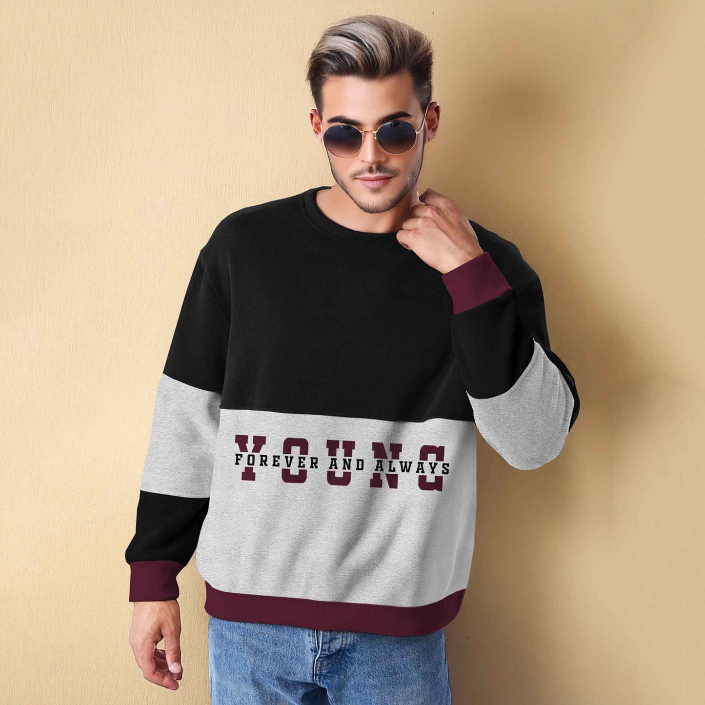 Trendy Round Neck Colorblock YOUNG Printed Black & Grey Sweatshirt