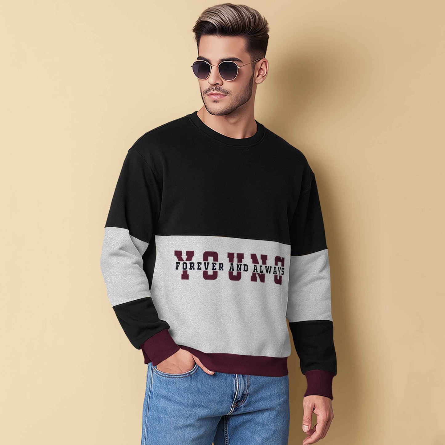 Trendy Round Neck Colorblock YOUNG Printed Black & Grey Sweatshirt