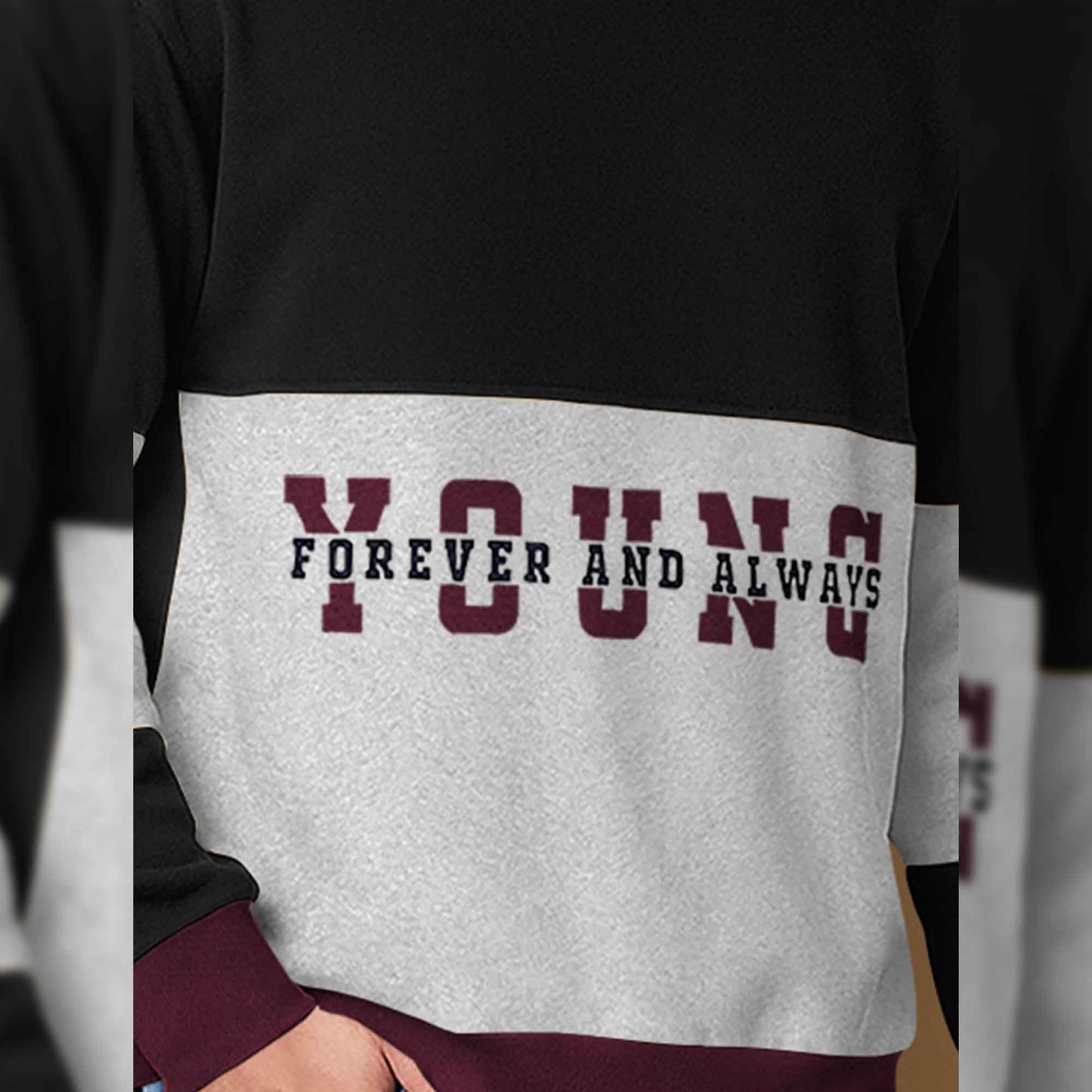 Trendy Round Neck Colorblock YOUNG Printed Black & Grey Sweatshirt