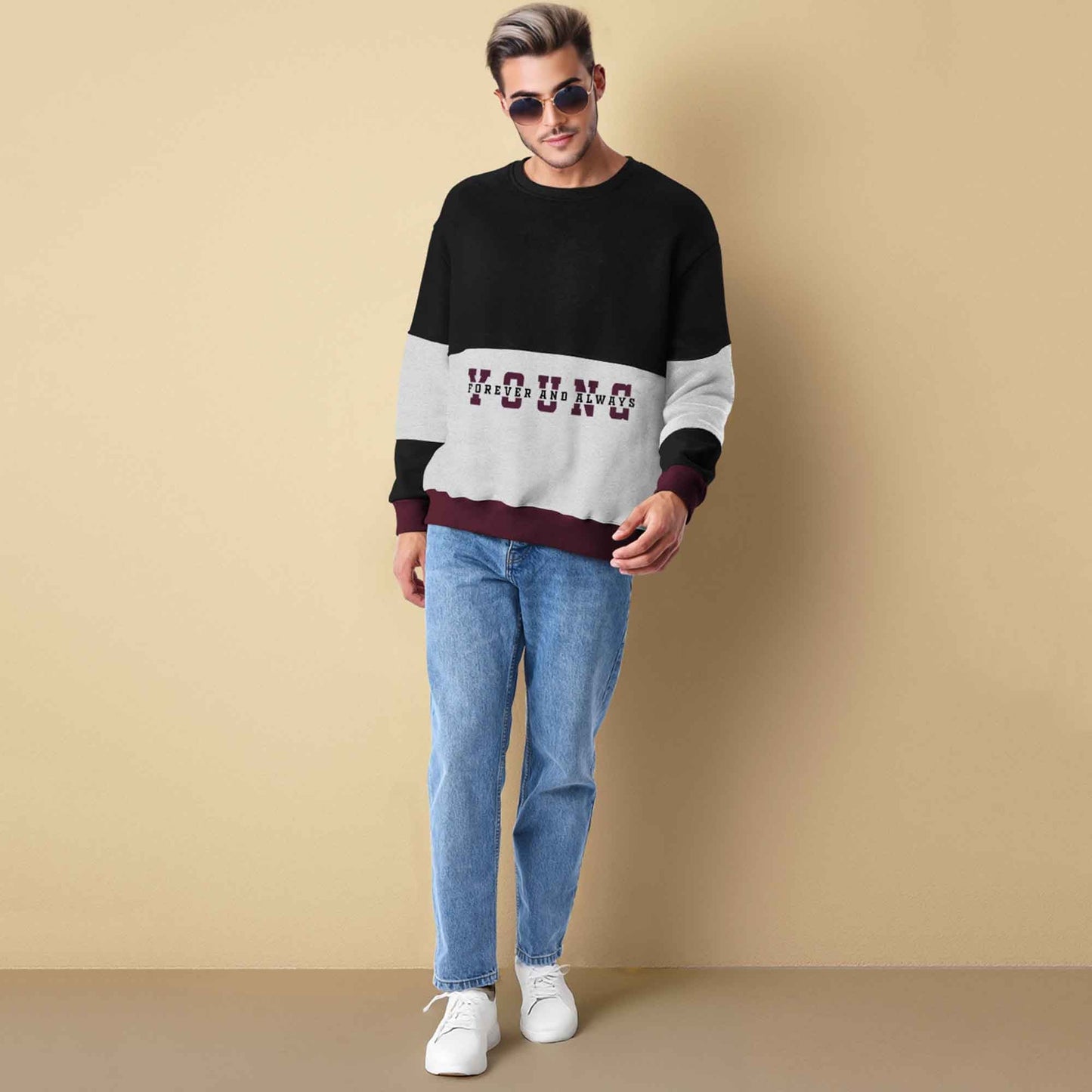 Trendy Round Neck Colorblock YOUNG Printed Black & Grey Sweatshirt