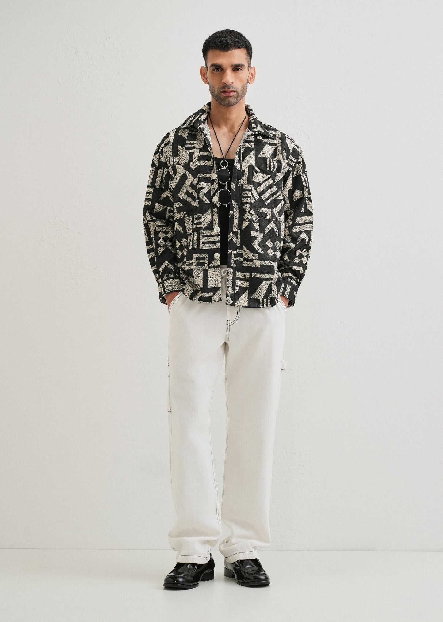 Beige Black Regular Fit Shacket