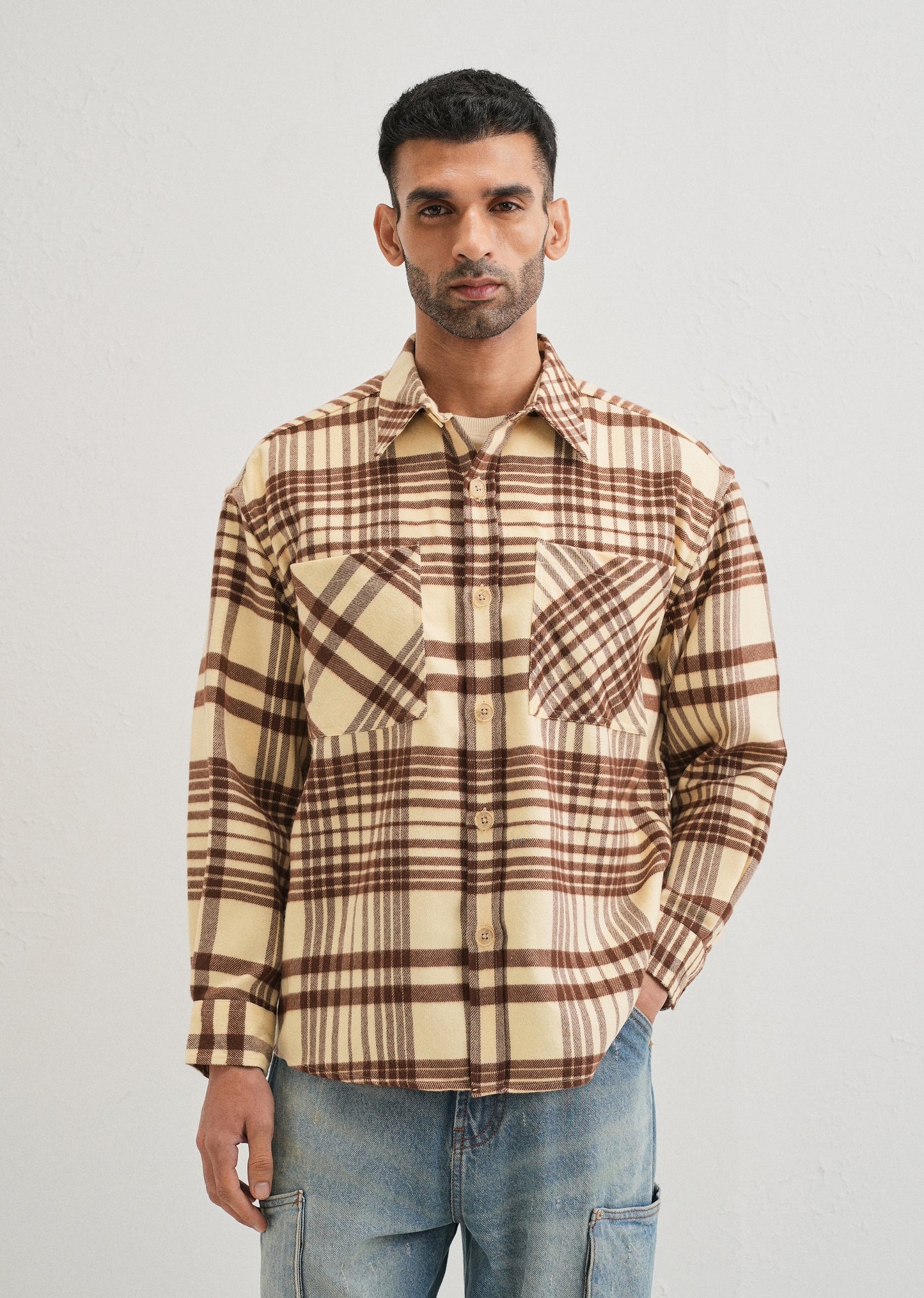 Beige Checked Relaxed Fit Shacket