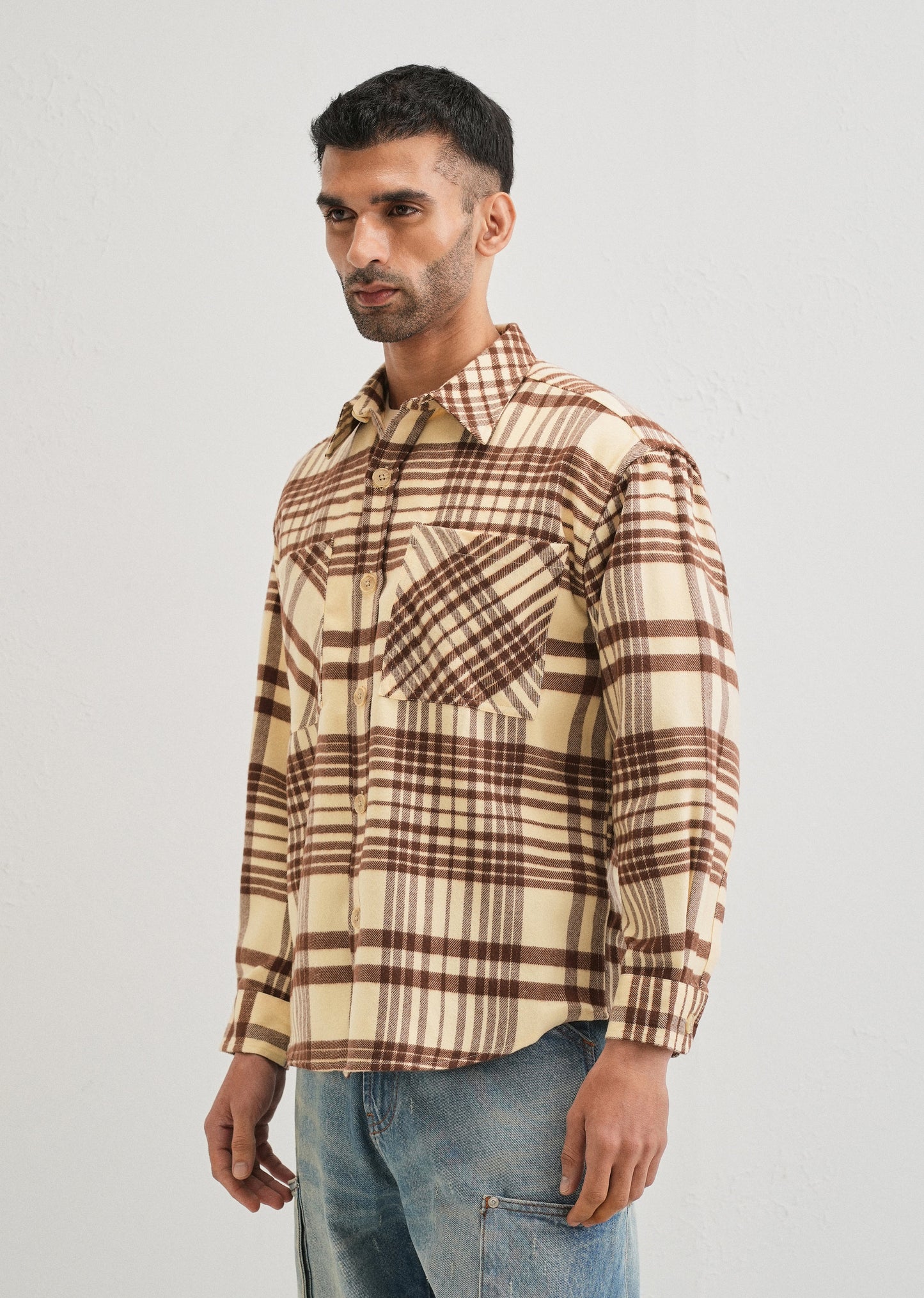 Beige Checked Relaxed Fit Shacket